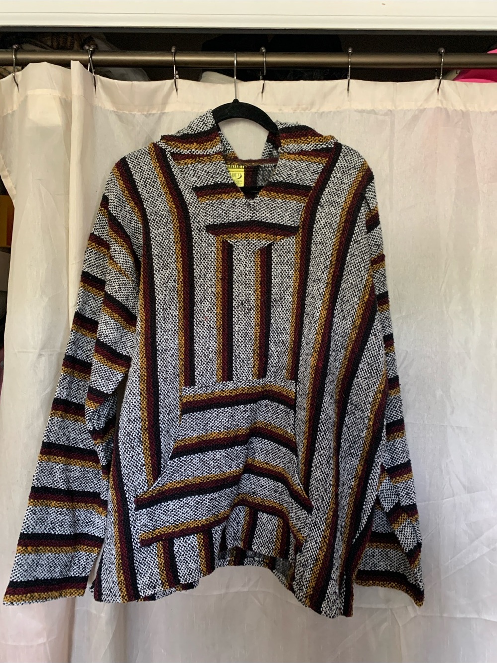 Striped Hooded Baja Pullover Sweater - White, Black & Brown